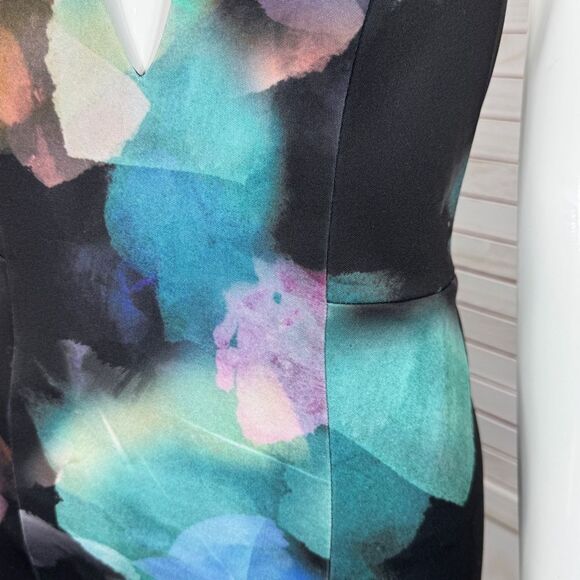 Bebe Watercolor Plunge Neck Open Back Bodycon Y2K Club Dress Black Teal XS - Picture 6 of 13